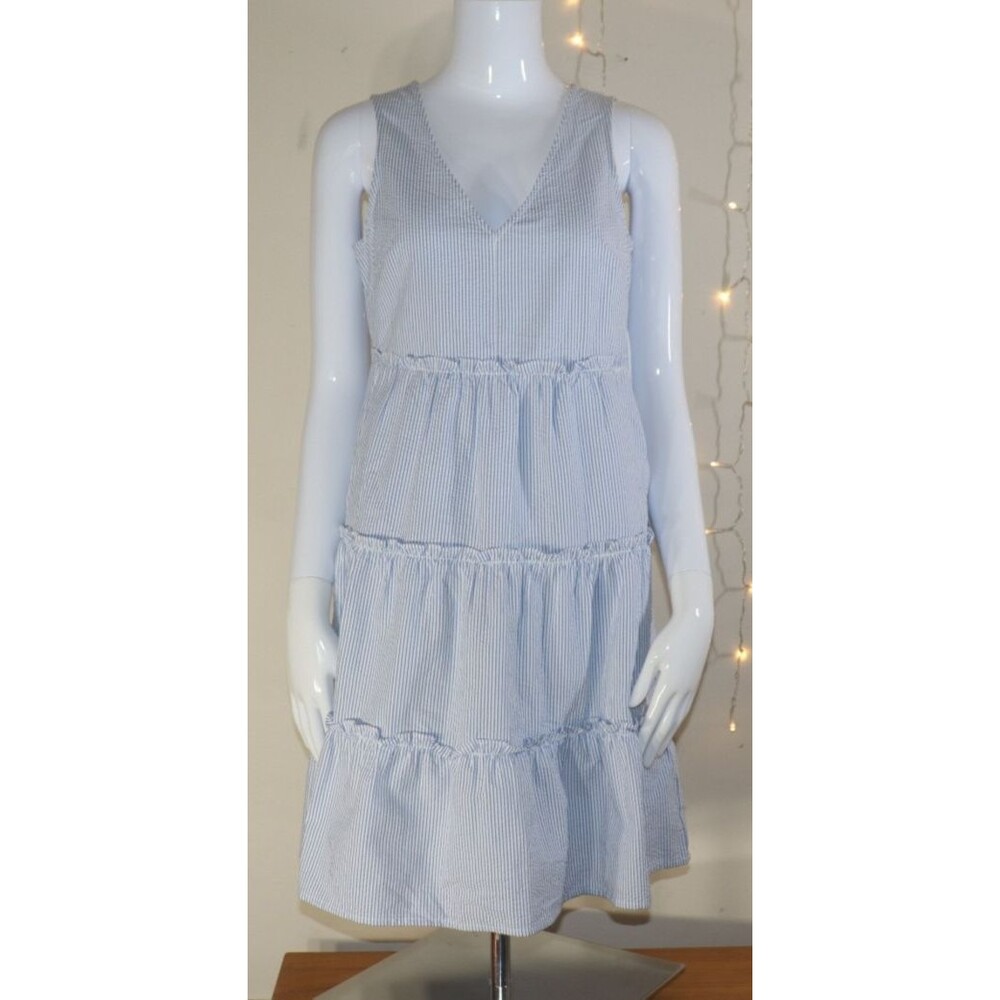 J. Crew Factory Light Blue and White Striped Tiered Mini Dress